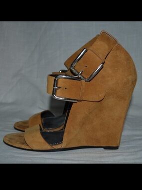 Sz 38 7.5 Premiata Brown Suede Ankle Strap Wedges 4.5" Heels